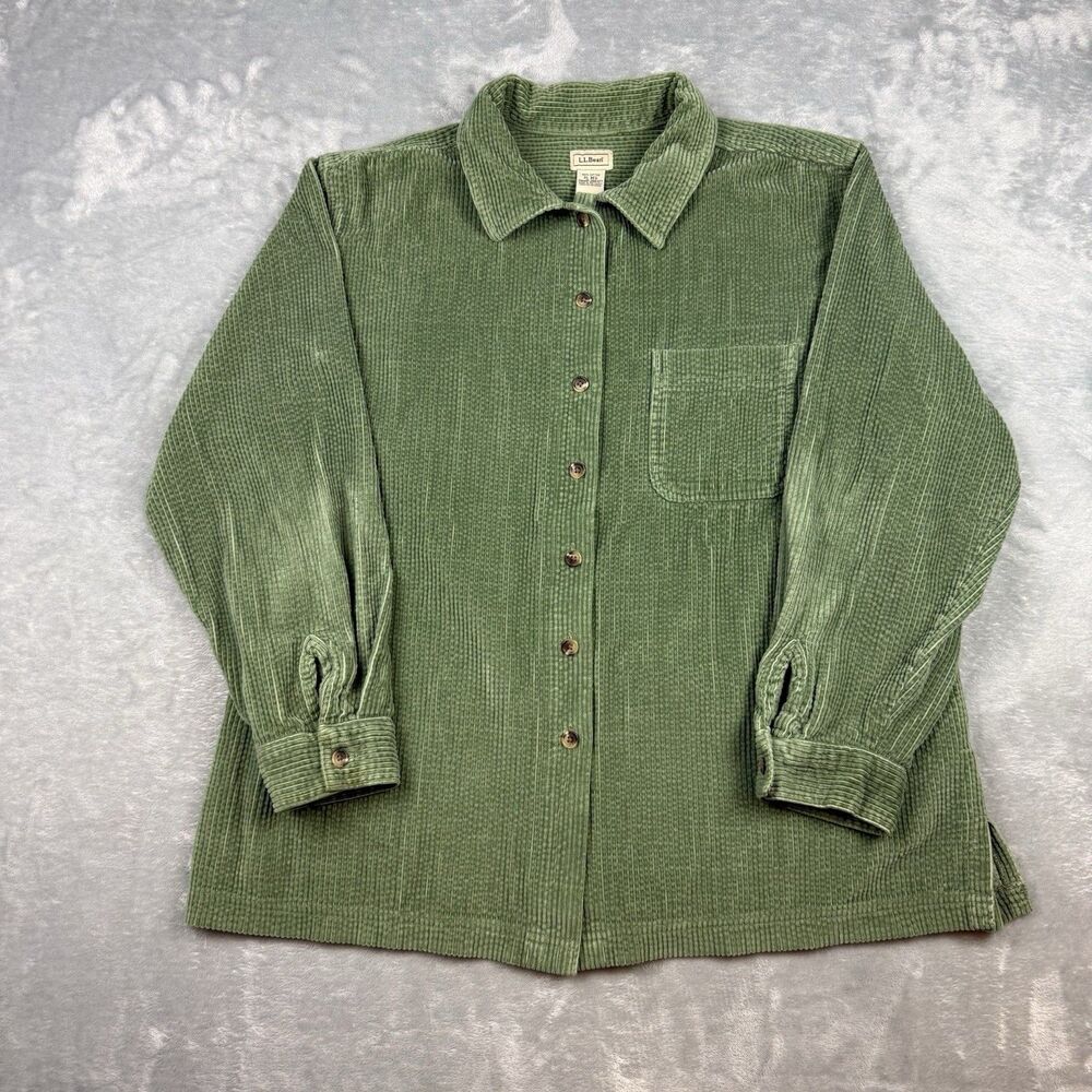 LL Bean Green Corduroy Button Up Shirt Jacket XL Cotton Shacket - Picture 2 of 8